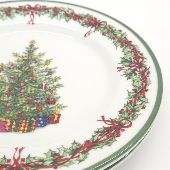 Vtg Christopher Radko Christmas Tree Dessert Plate Green Holly Traditional 2pcs - Picture 4 of 6